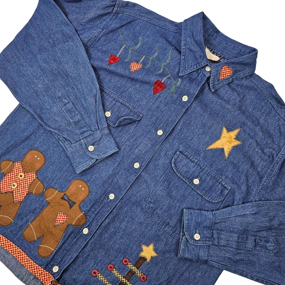 Amrav Authentic Jeanwear Denim Shirt Vintage M Embroidered Patch Grandma Holiday